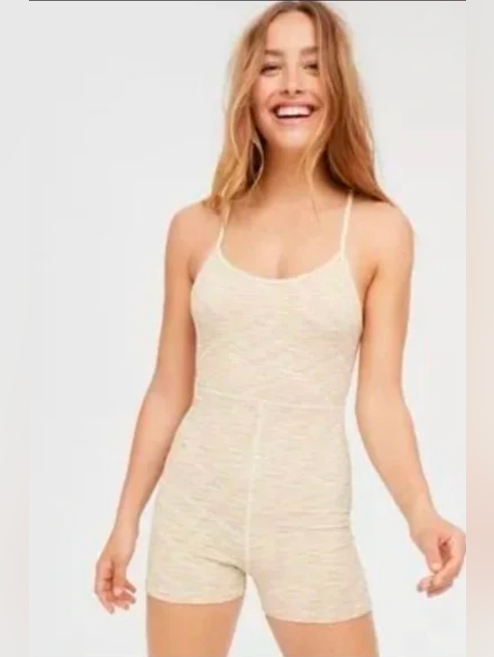 Offline by Aerie Shine Strappy Back Workout Romper Bodysuit Beige XL